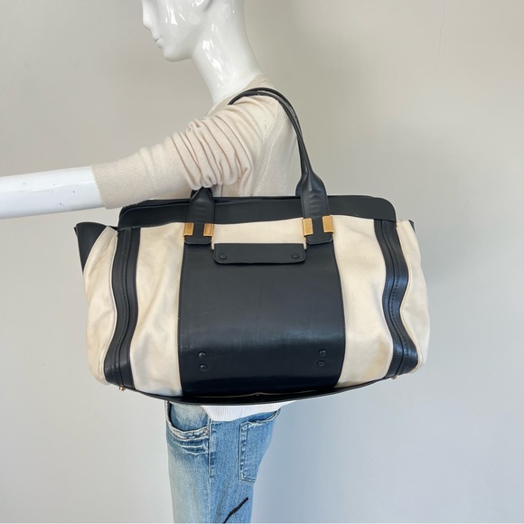 CHLOE Alicia Black Cream Leather Gold Hardware Extra Large Duffel Tote Satchel - Picture 3 of 16